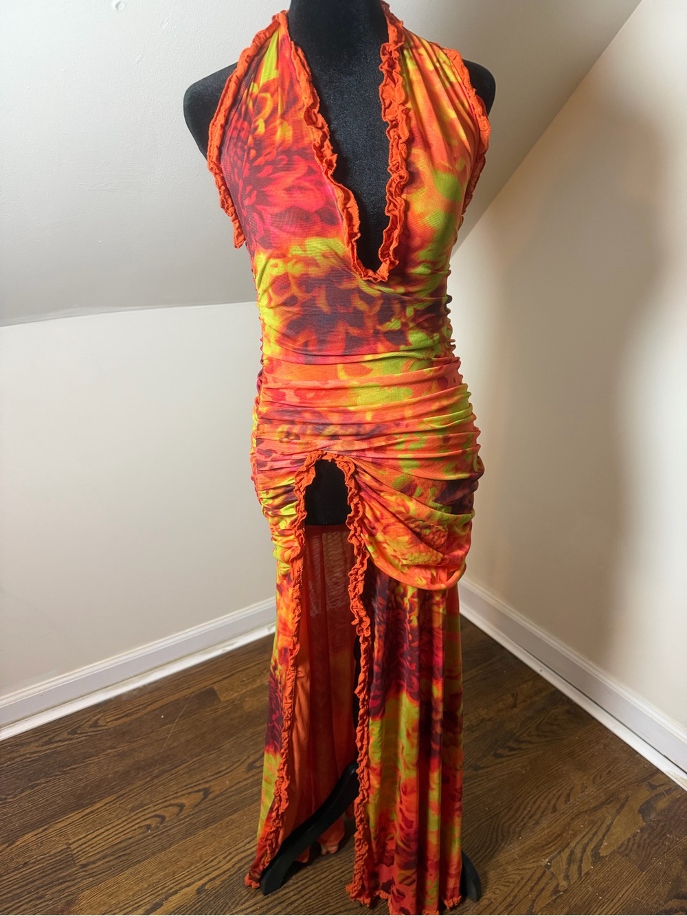 PrettyLittleThing Orange and Yellow Tie-Dye High-Low Halter Maxi Dress